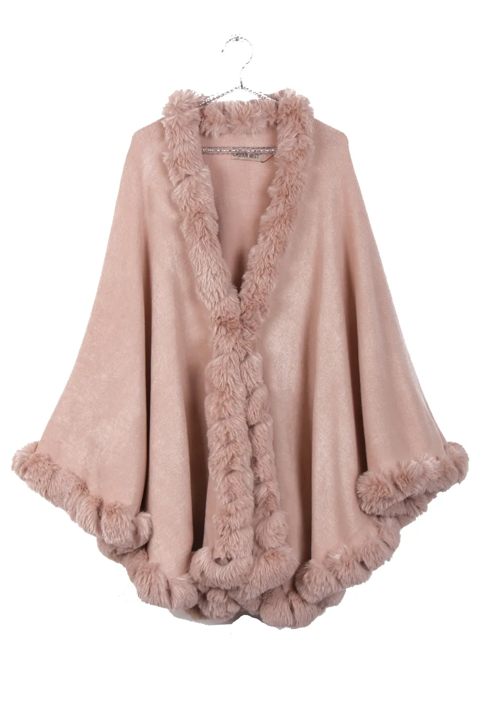 Ultra Soft Faux Fur Trim Swing Poncho Cape