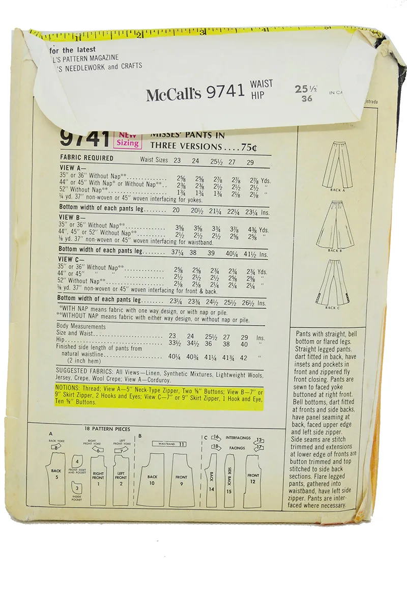 Uncut 1969 McCalls 9741 Palazzo Bell Bottom & Straight Leg Pants Pattern