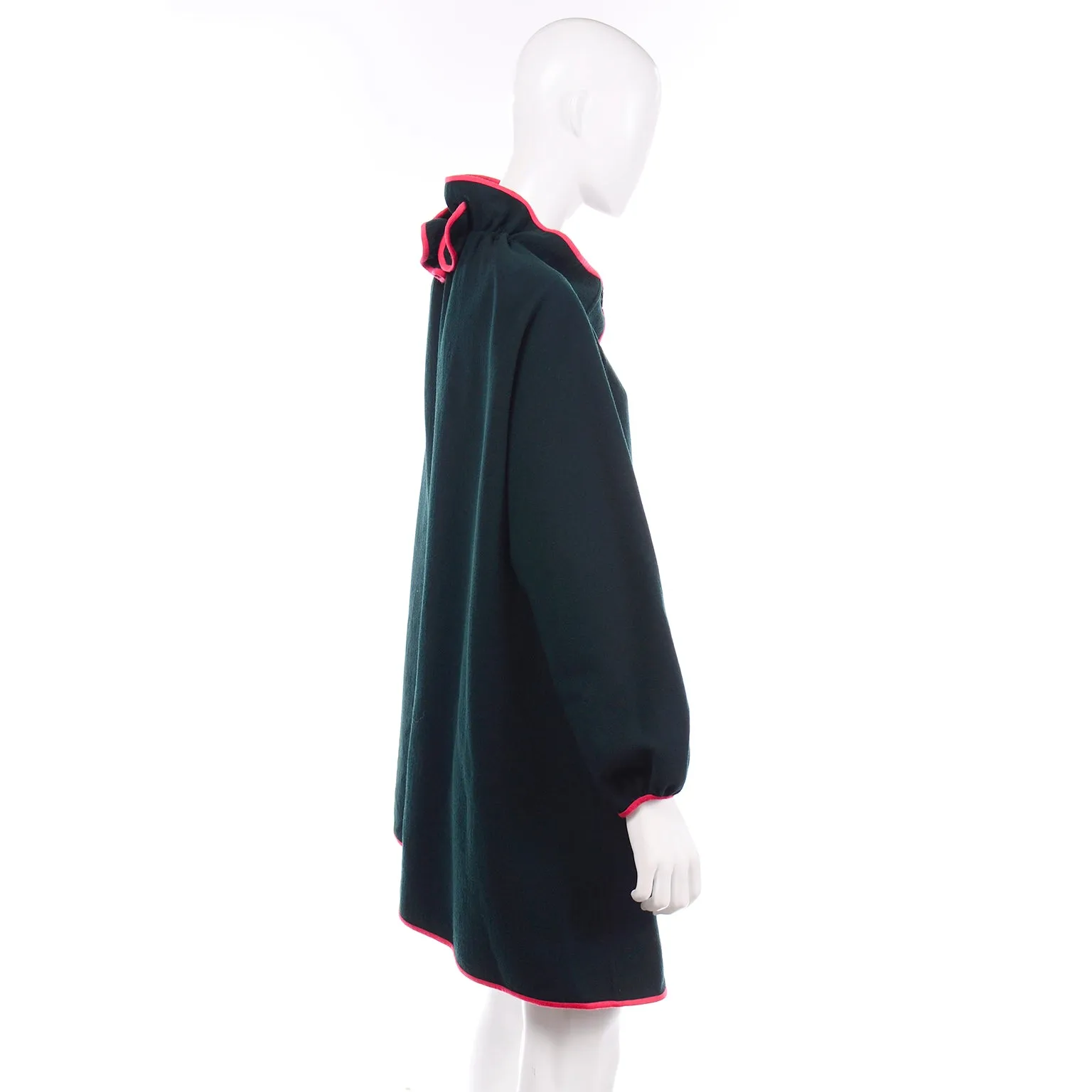 Vintage Geoffrey Beene Green Wool Coat With Pink Red Trim