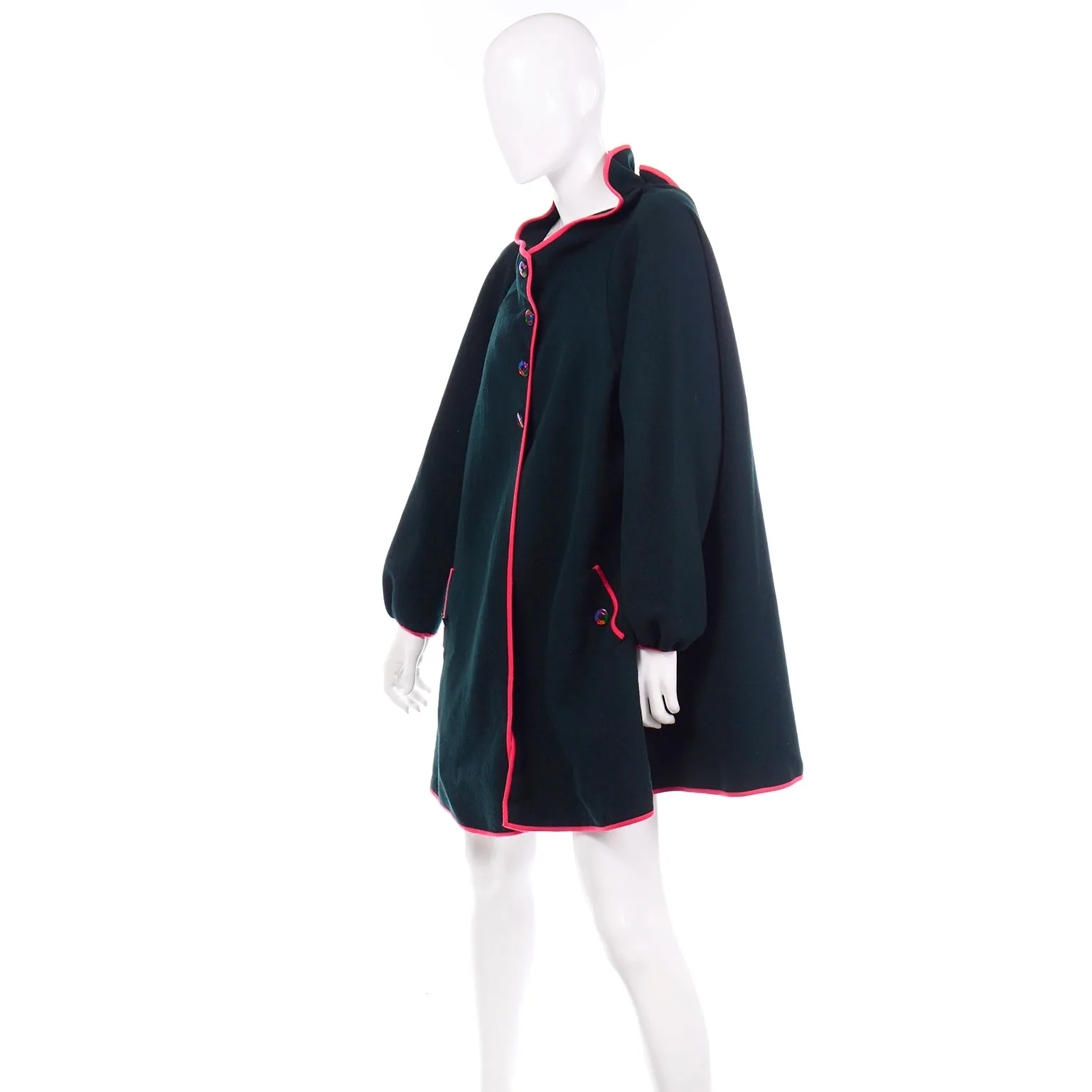 Vintage Geoffrey Beene Green Wool Coat With Pink Red Trim