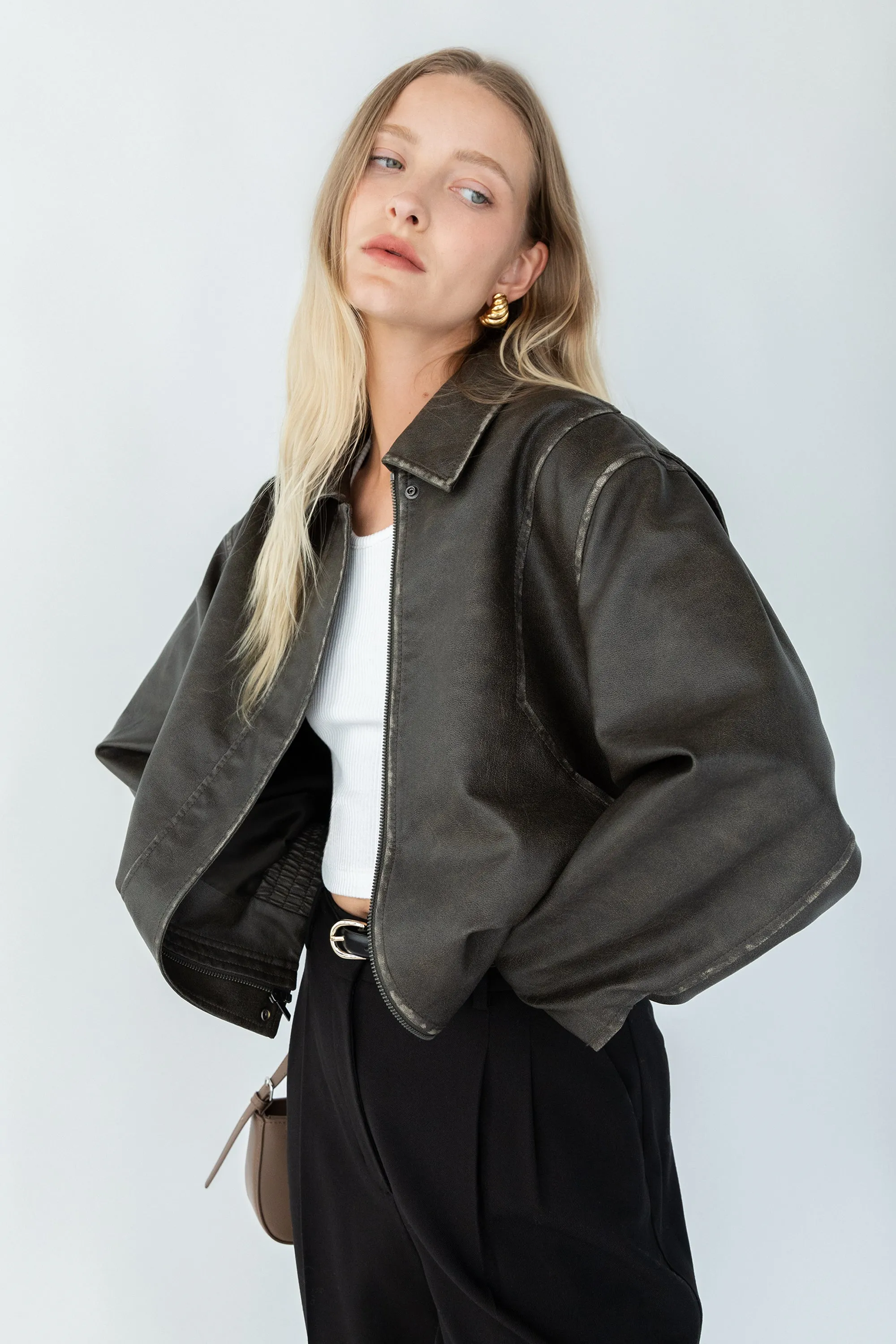 VINTAGE INSPIRED VEGAN LEATHER BOMBER JACKET