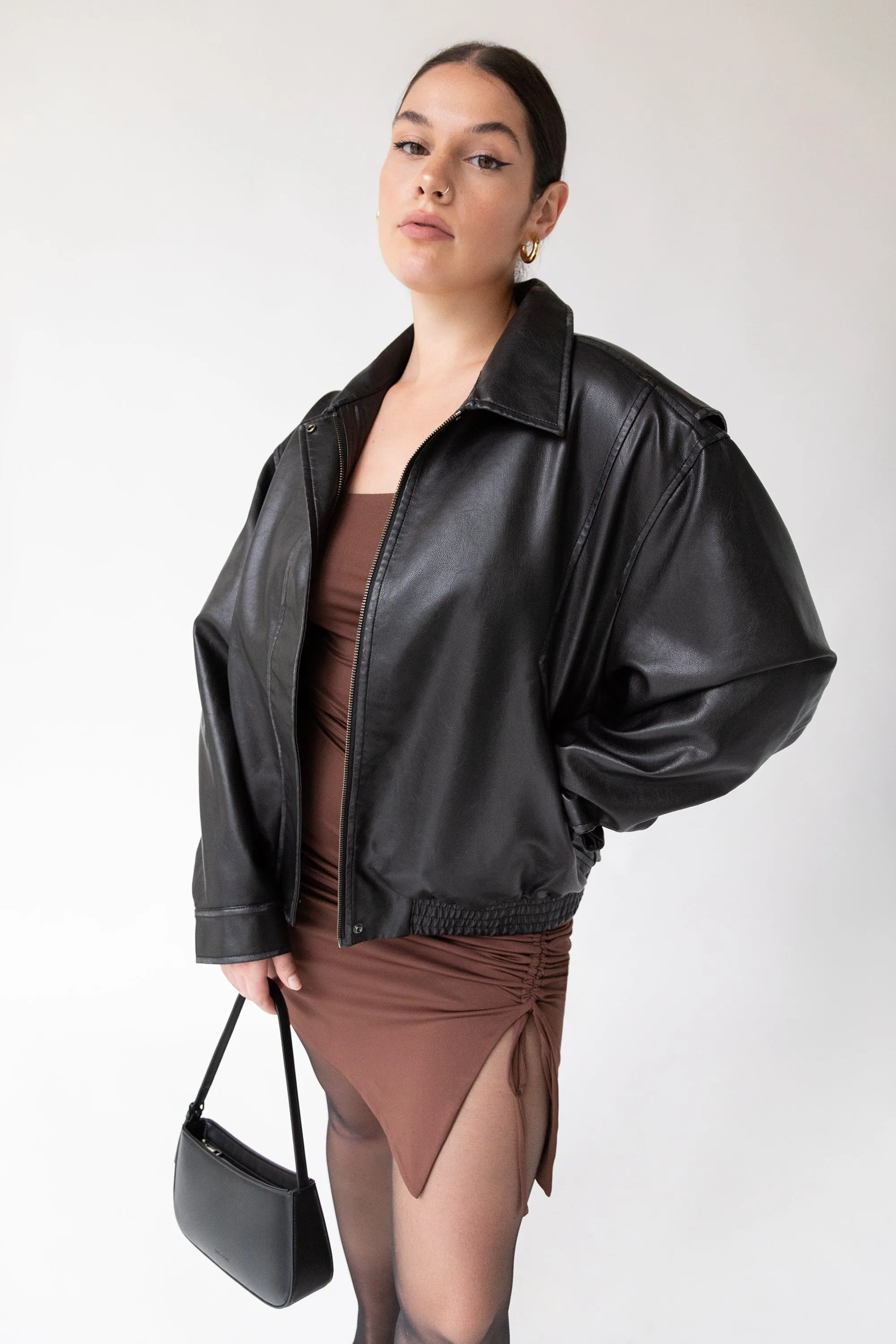 VINTAGE INSPIRED VEGAN LEATHER BOMBER JACKET