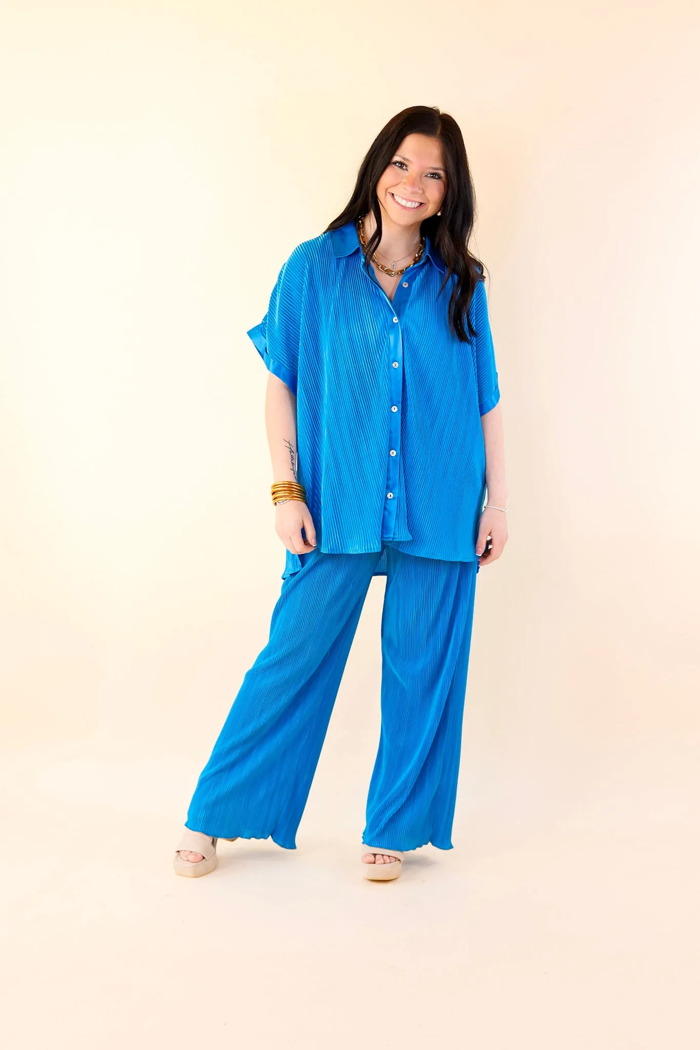 Walking In Paradise Plissé Button Up Top in Blue