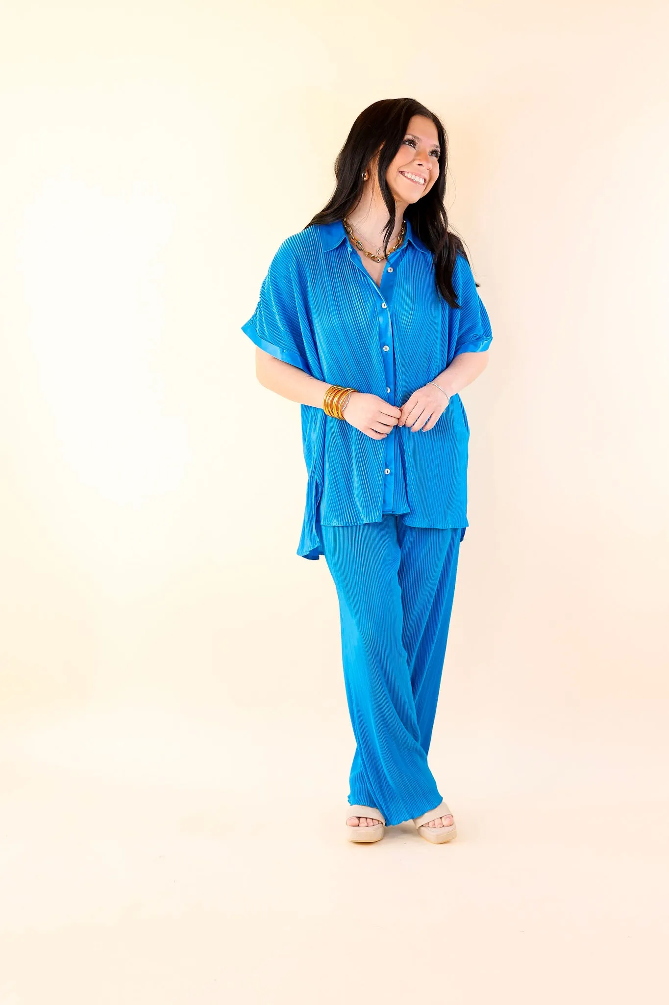 Walking In Paradise Plissé Button Up Top in Blue