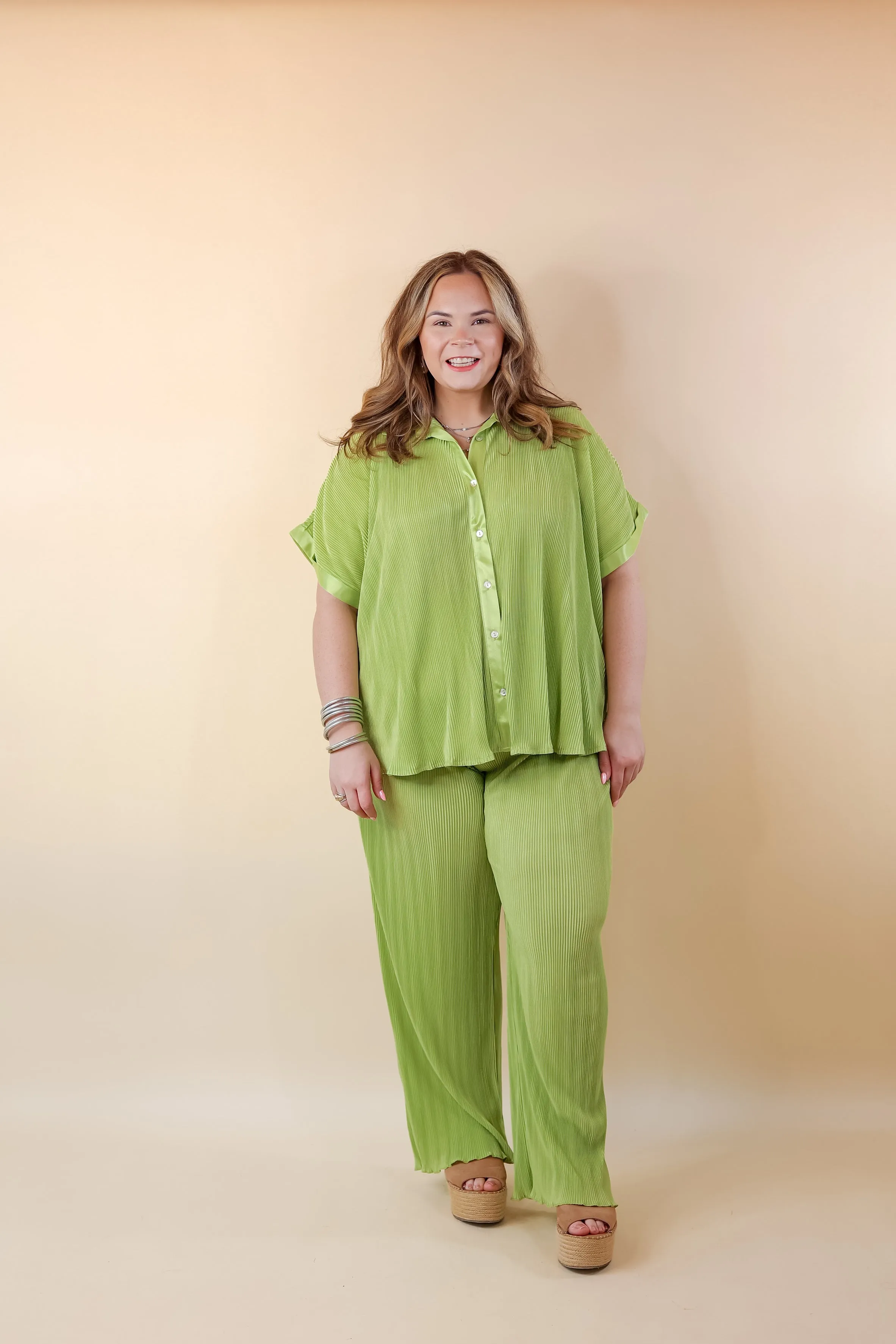 Walking In Paradise Plissé Button Up Top in Green