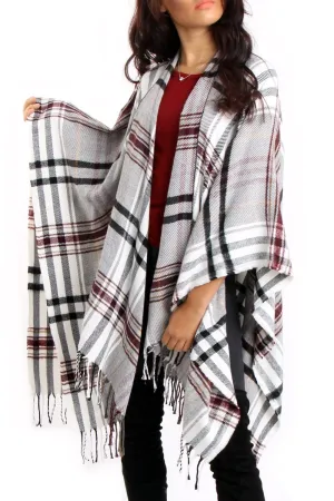 White & Burgundy Tartan Check Blanket Cape with Tassels