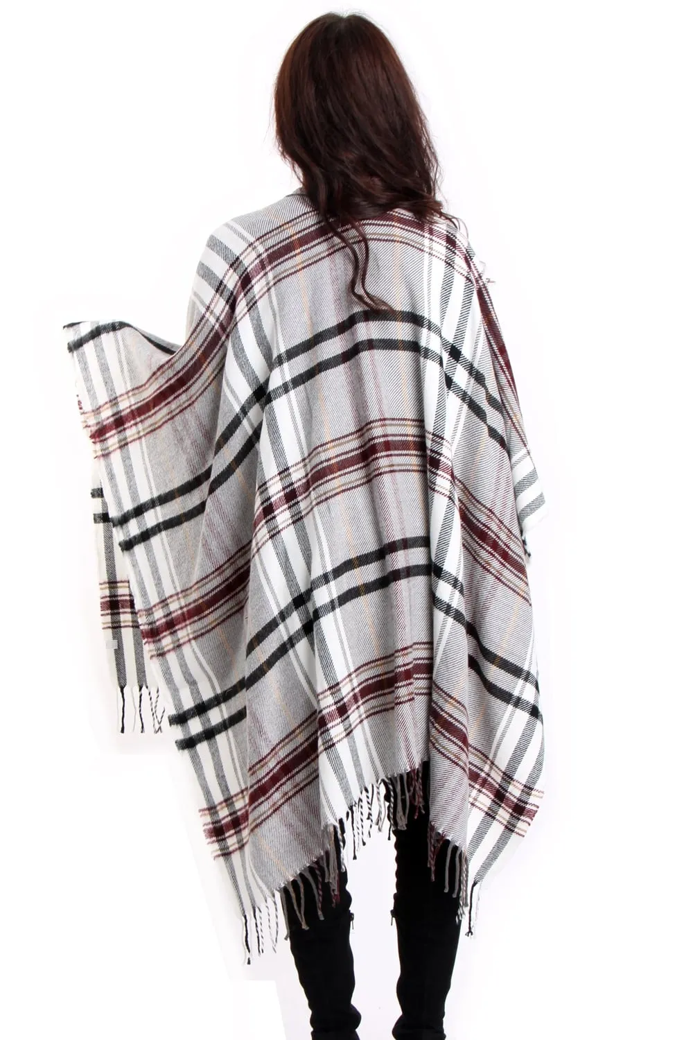 White & Burgundy Tartan Check Blanket Cape with Tassels