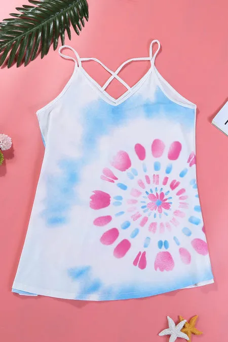 White Tie Dye Strappy Crossed Neckline Tank Top