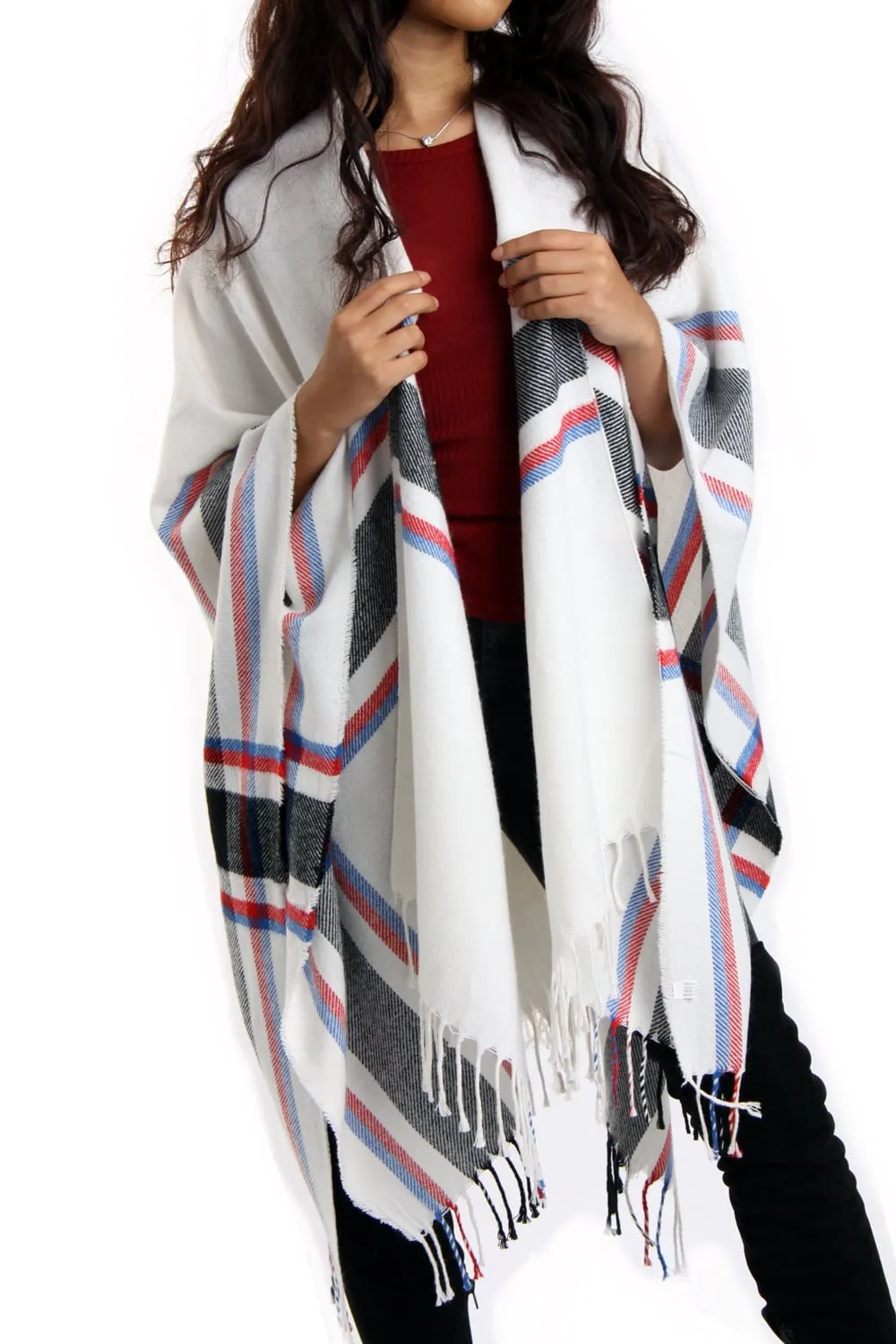 White with Blue / Red Grid Lines Tartan Check Blanket Cape with Tassels