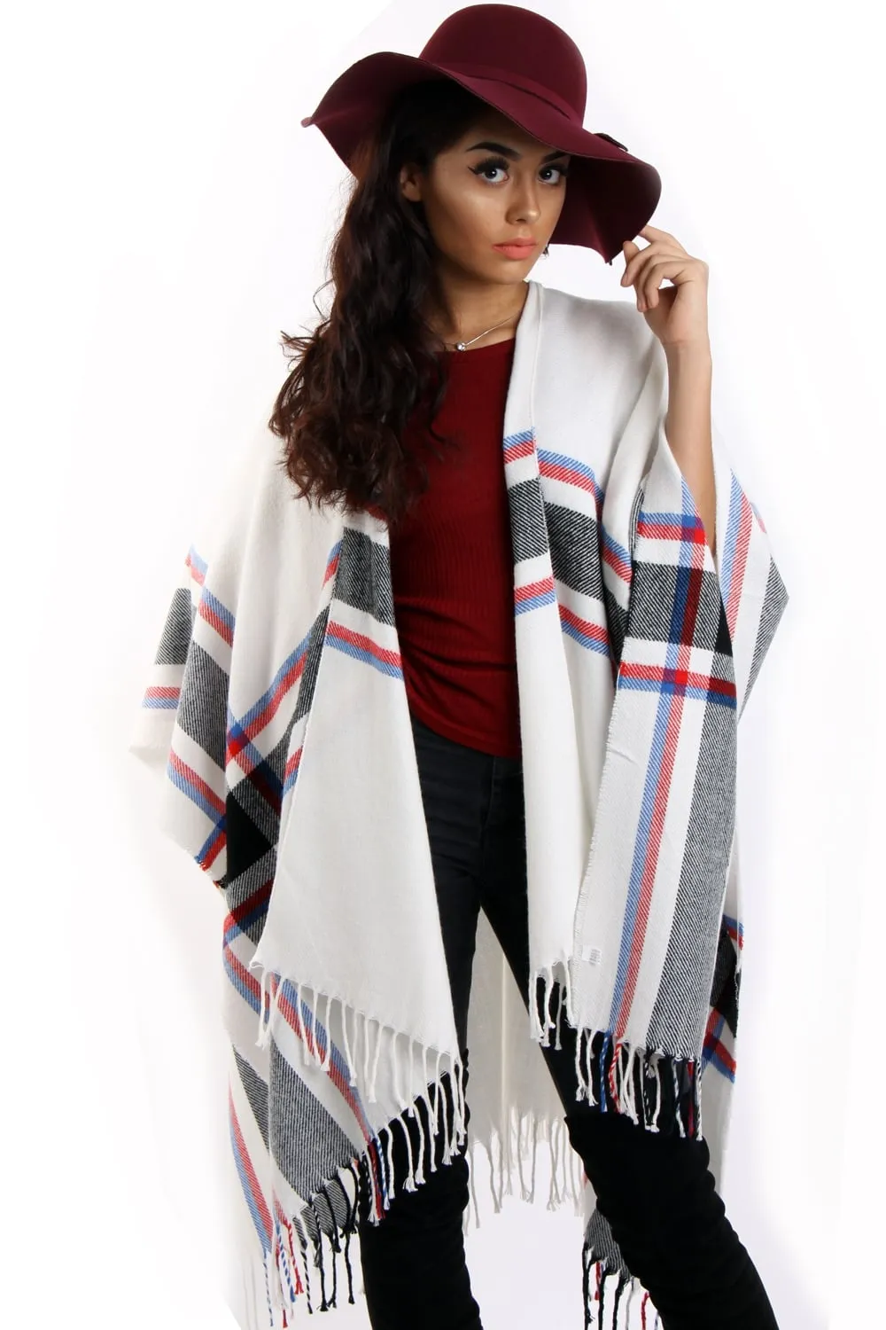 White with Blue / Red Grid Lines Tartan Check Blanket Cape with Tassels