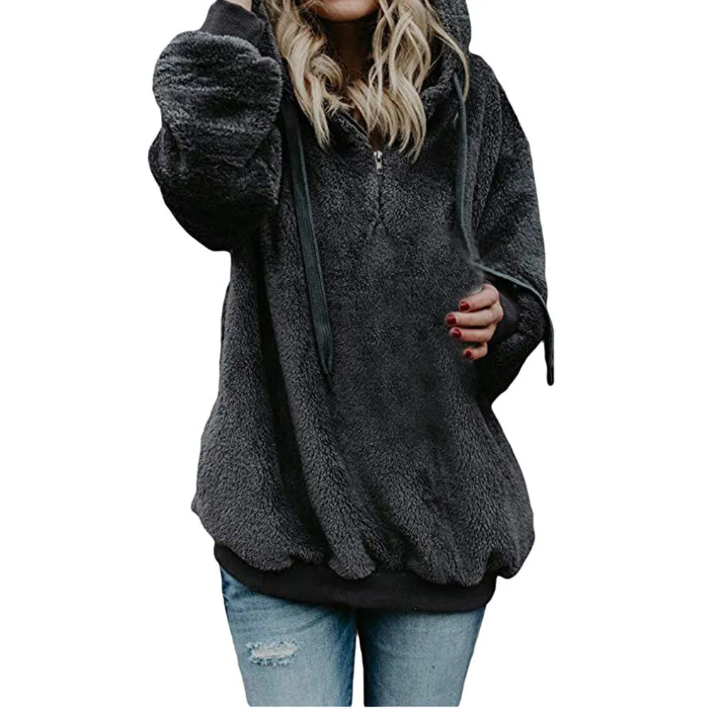 Women Hooded Winter Warm Wool Zipper Pockets Cotton Coat