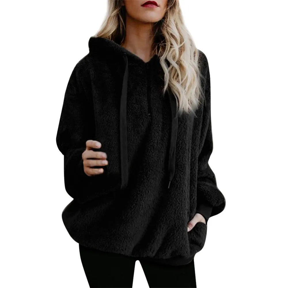 Women Hooded Winter Warm Wool Zipper Pockets Cotton Coat