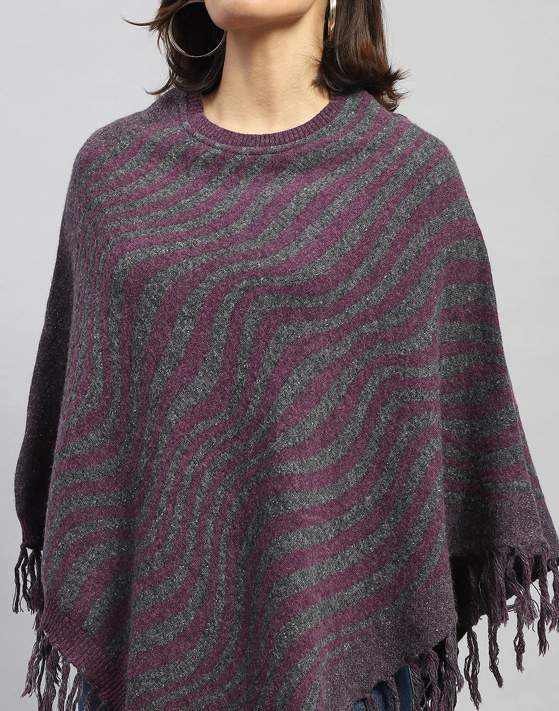 Women Purple Self Design Round Neck  Poncho