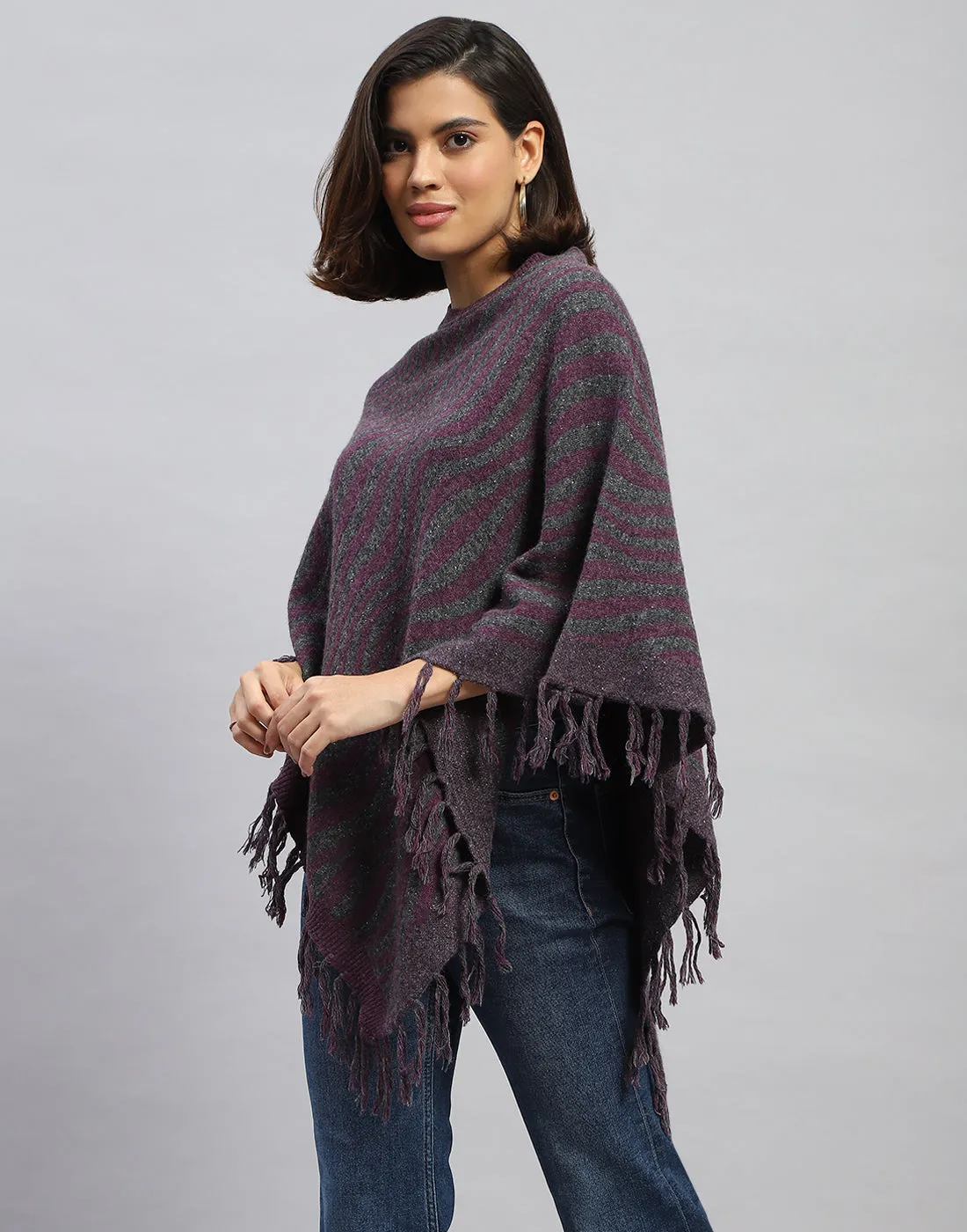 Women Purple Self Design Round Neck  Poncho