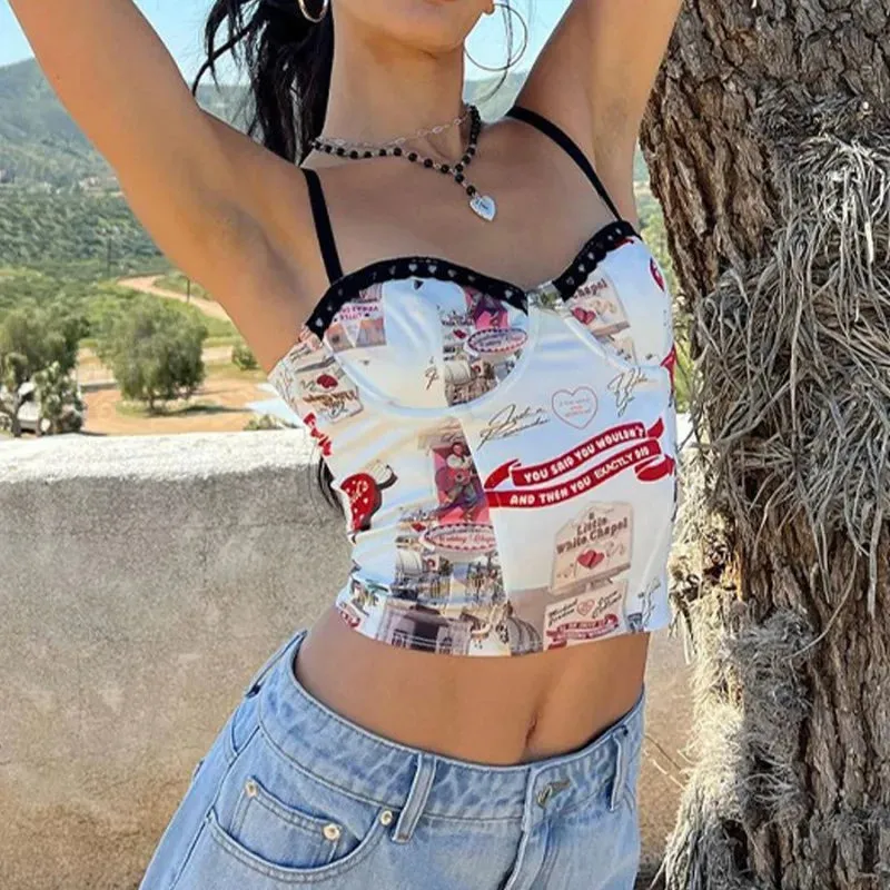 Women Summer Crop Tops Camisole Retro Print Spaghetti Strap Tank Y2k Top