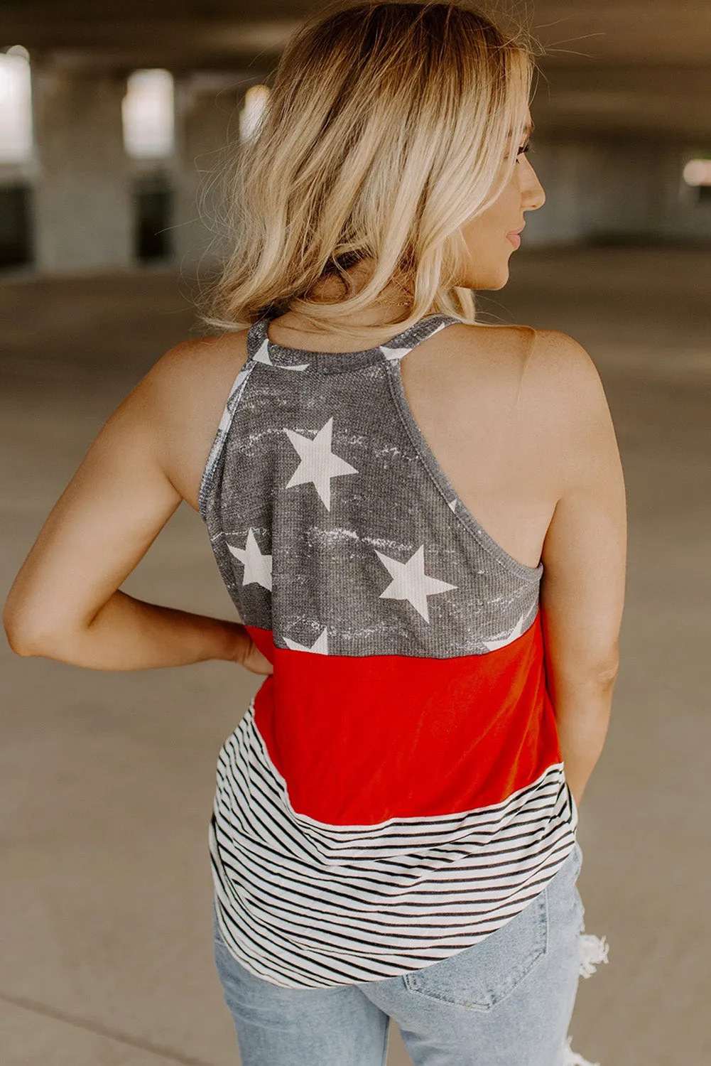 Women's American Flag Color Block Sleeveless Top Halter Striped Racerback Tank