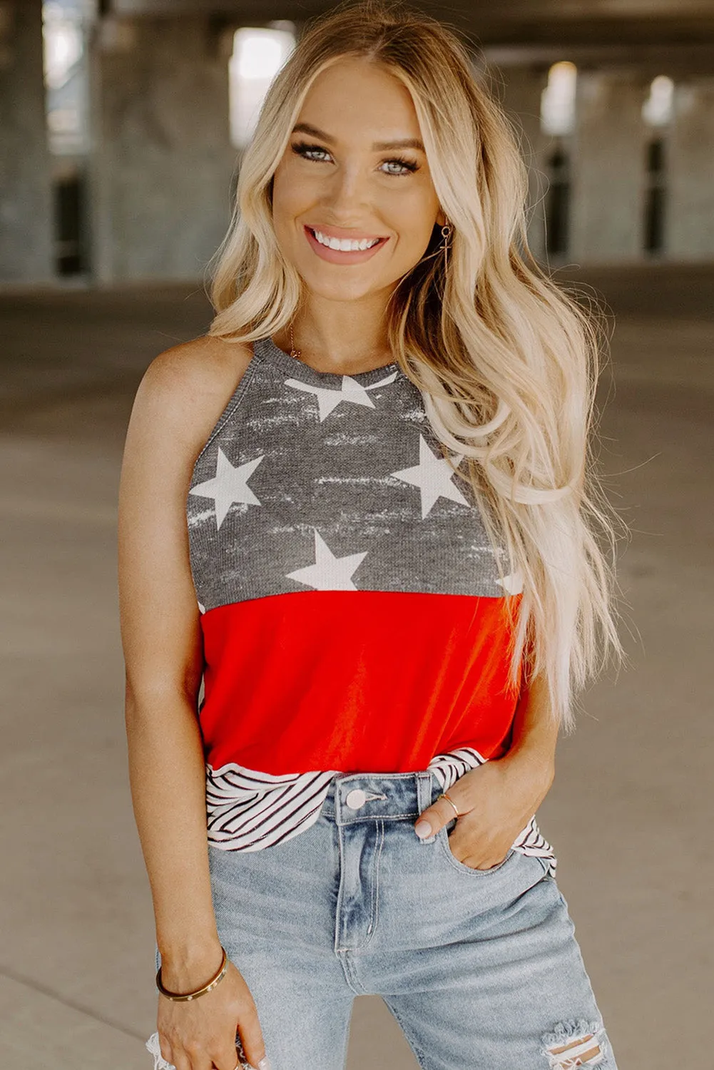 Women's American Flag Color Block Sleeveless Top Halter Striped Racerback Tank