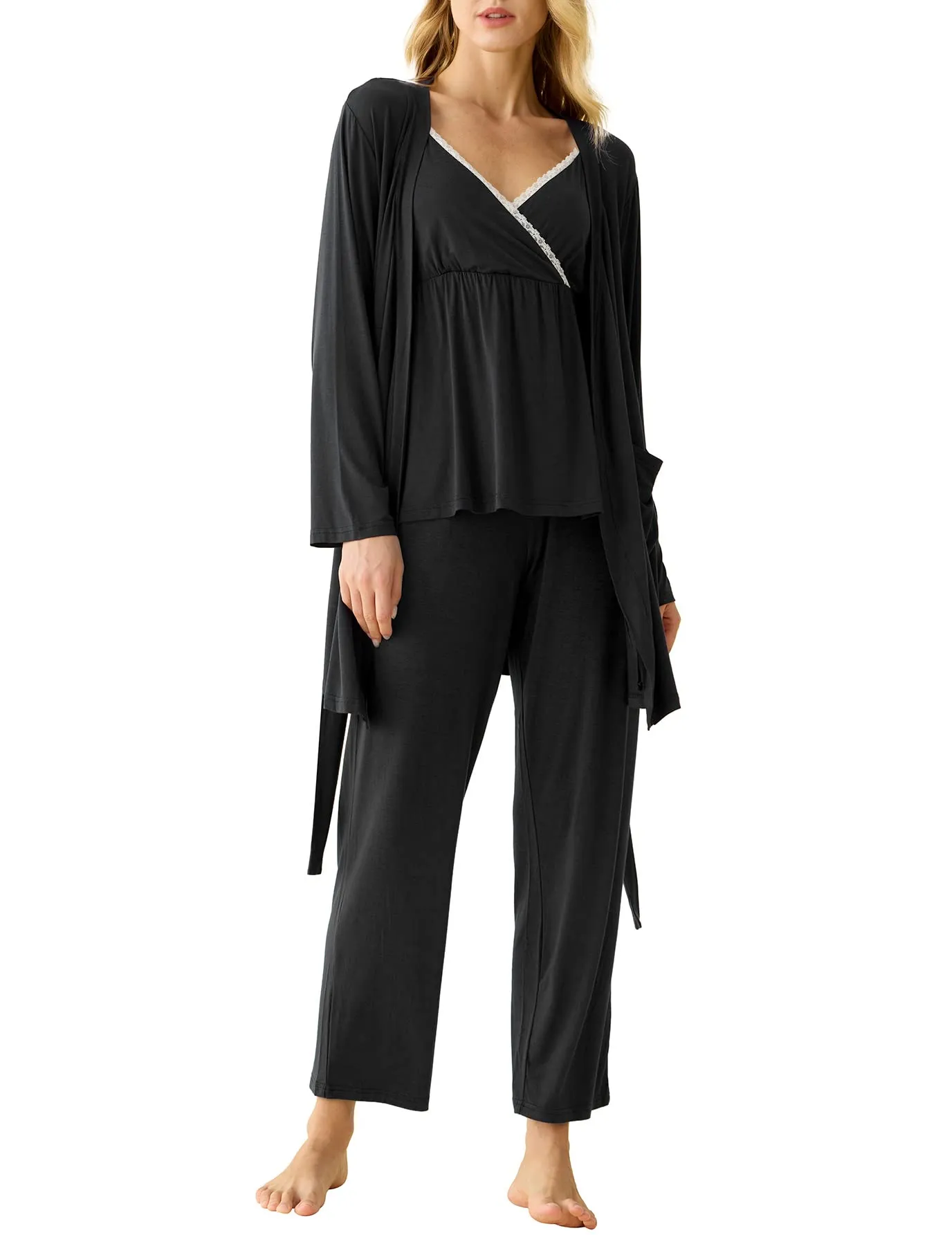 Women's Bamboo Viscose 3 Piece Nursing Pajama Set with Robe