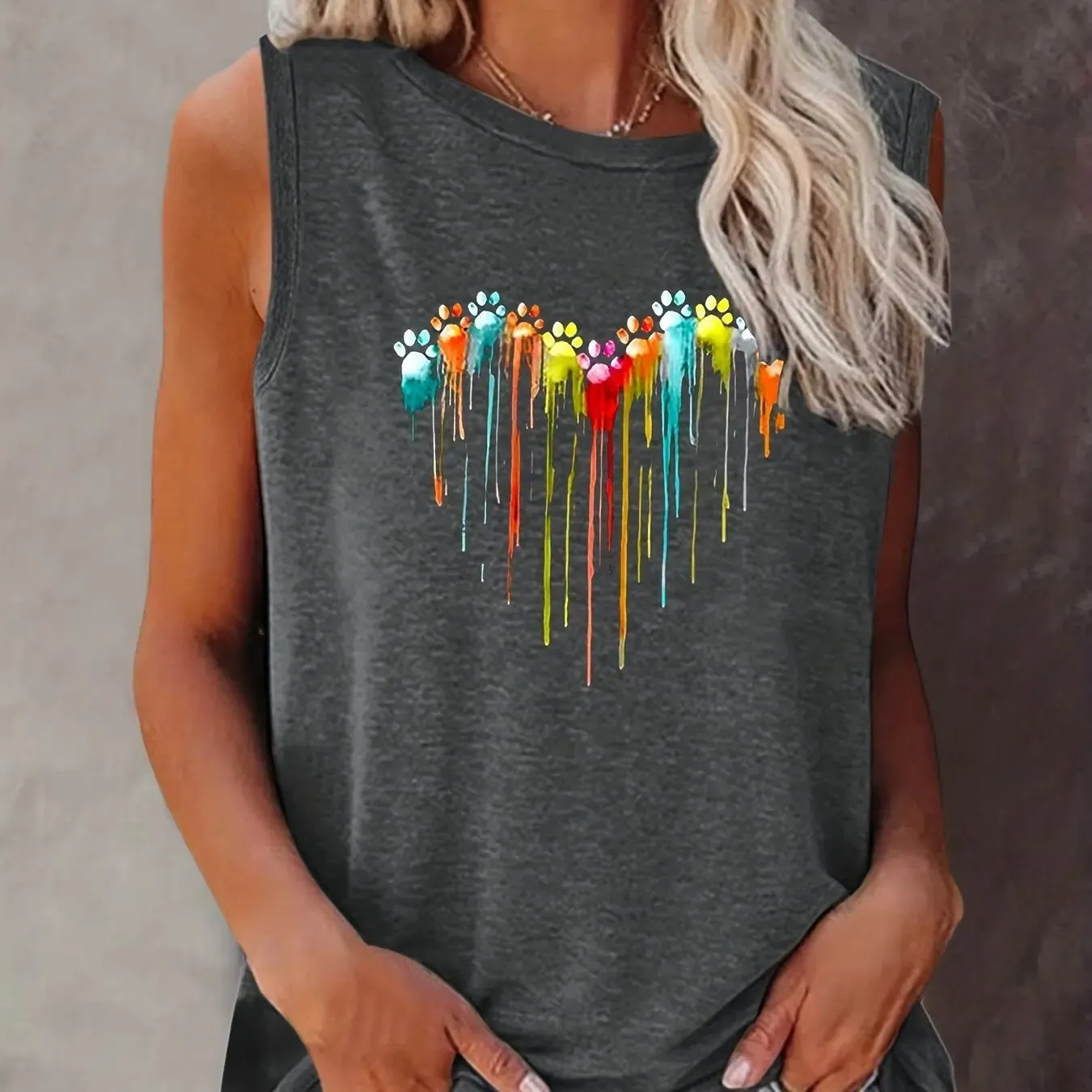 Women's Colorful Paw Print Summer Tank Top Loose Fit, Sleeveless T-Shirt