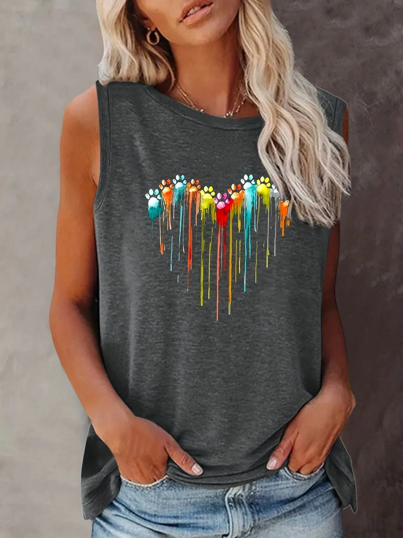 Women's Colorful Paw Print Summer Tank Top Loose Fit, Sleeveless T-Shirt