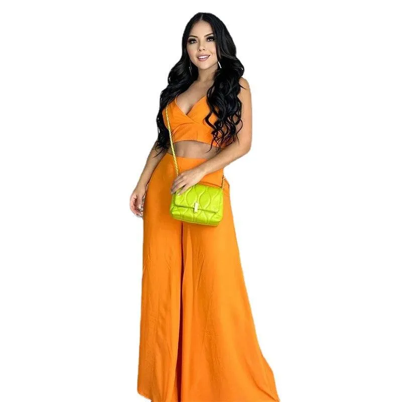 Women's Fashion Solid Color Camisole High Waist Pocket Wide Leg Pants Casual Suit