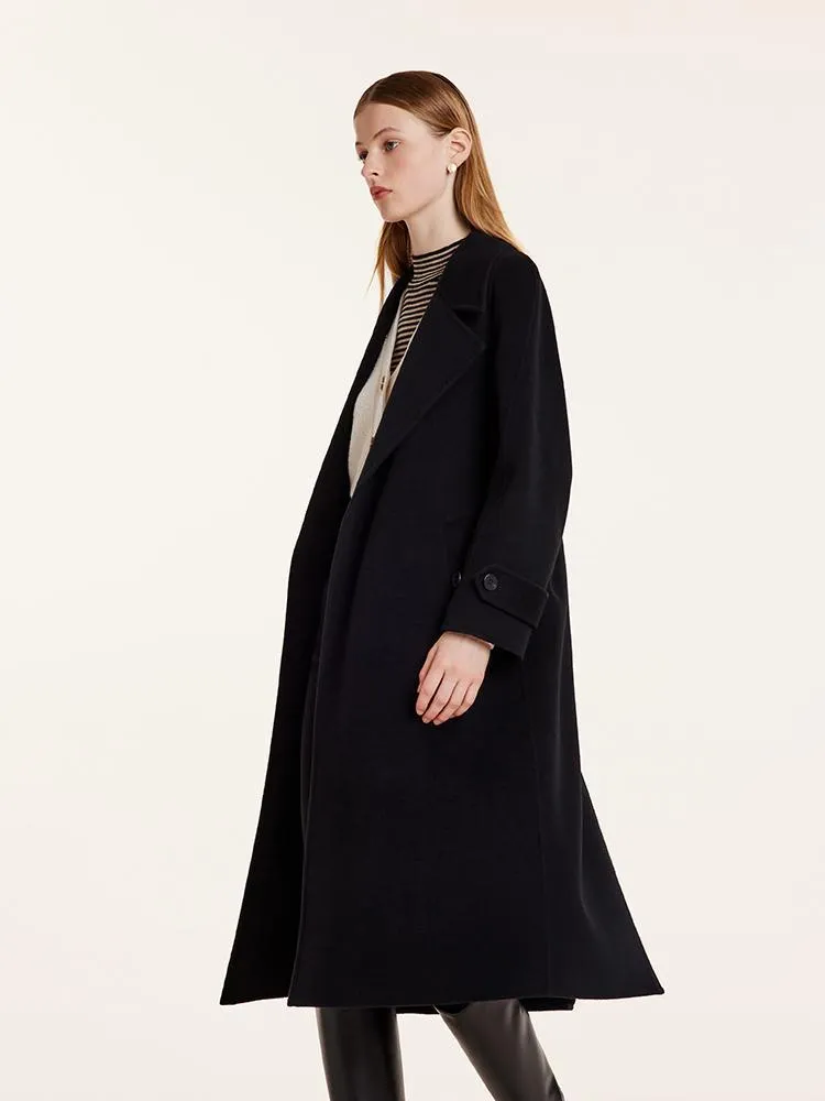 Wool And Cashmere Double-Faced Lapel Women Coat With Belt