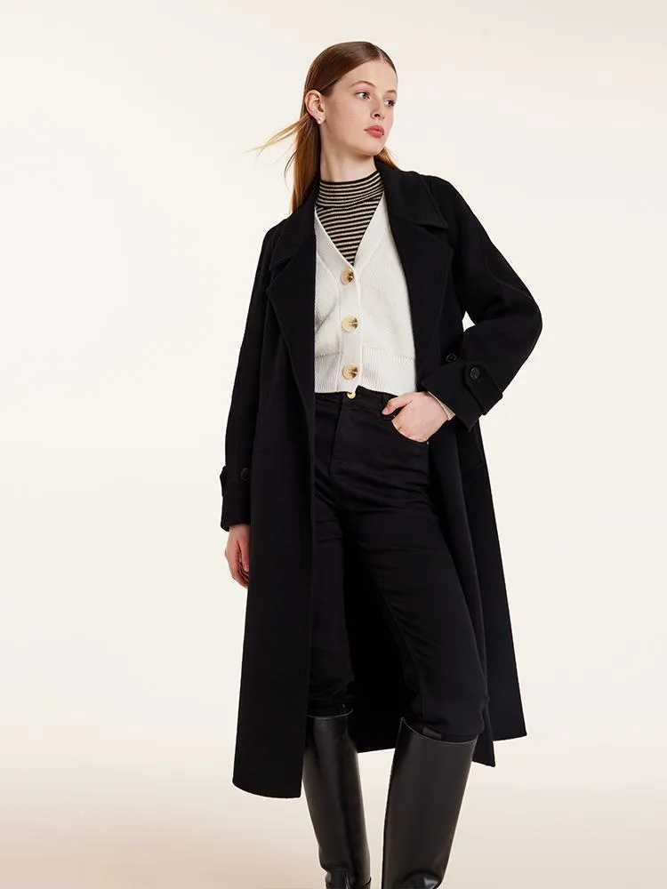 Wool And Cashmere Double-Faced Lapel Women Coat With Belt