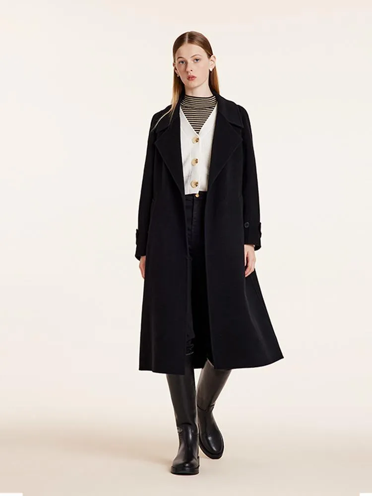 Wool And Cashmere Double-Faced Lapel Women Coat With Belt