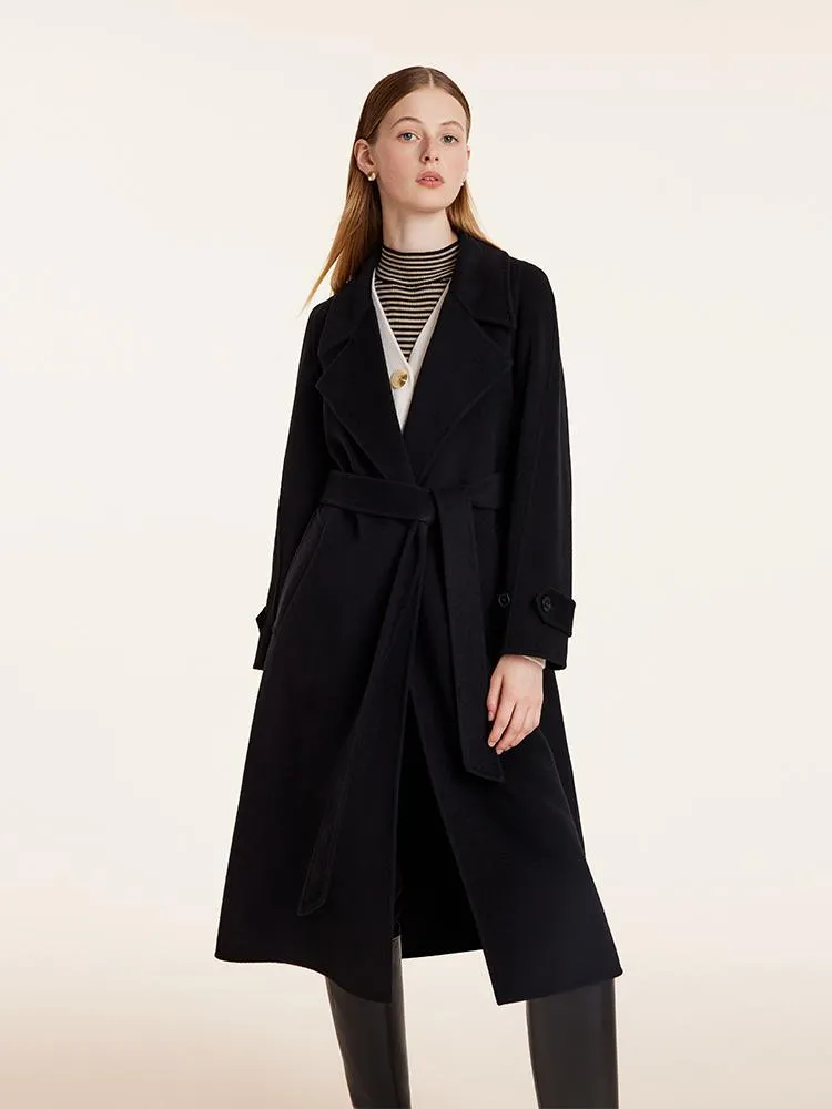 Wool And Cashmere Double-Faced Lapel Women Coat With Belt