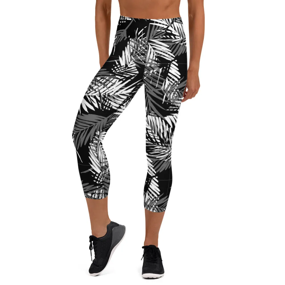 Yoga Capri Leggings in Mono Tone Tropical Palm Print