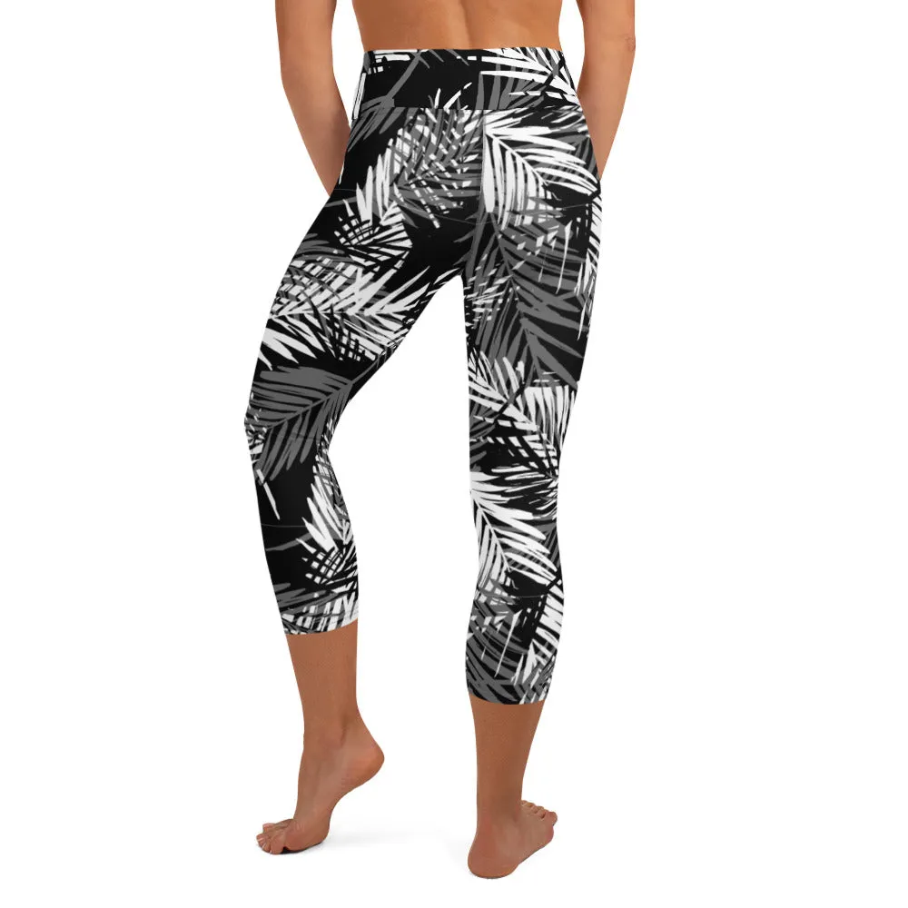 Yoga Capri Leggings in Mono Tone Tropical Palm Print