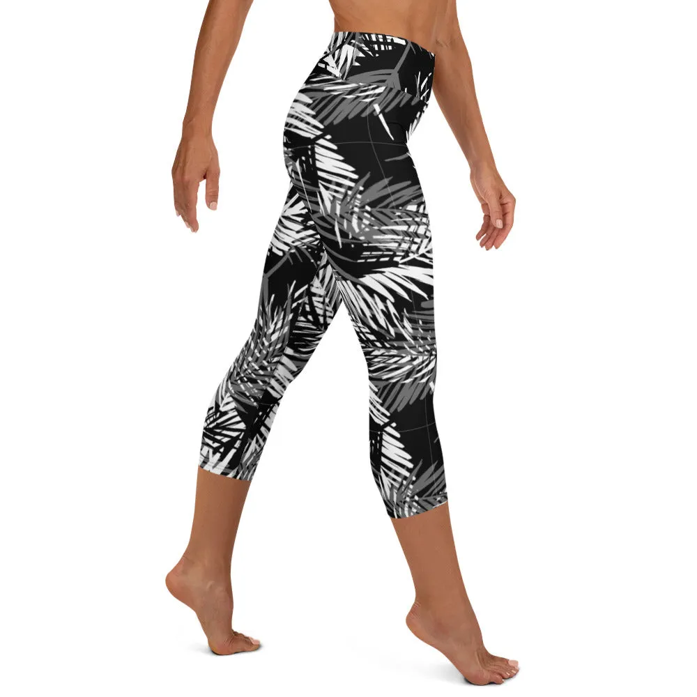 Yoga Capri Leggings in Mono Tone Tropical Palm Print